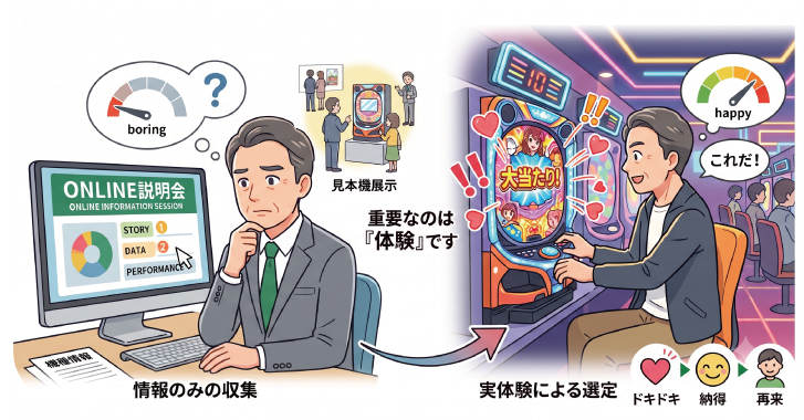 オンライン説明会や見本機での情報収集と、実際のプレイヤー体験を比較した図